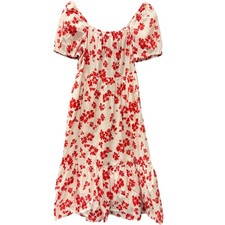 J Crew Midi Dress Womens 4 Red White Floral Tiered Coastal Cotton Boho Cottage