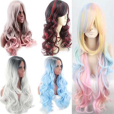 Lady 80cm Long Curly Wigs Fashion Cosplay Costume Hair Anime Full Gradient Wigs