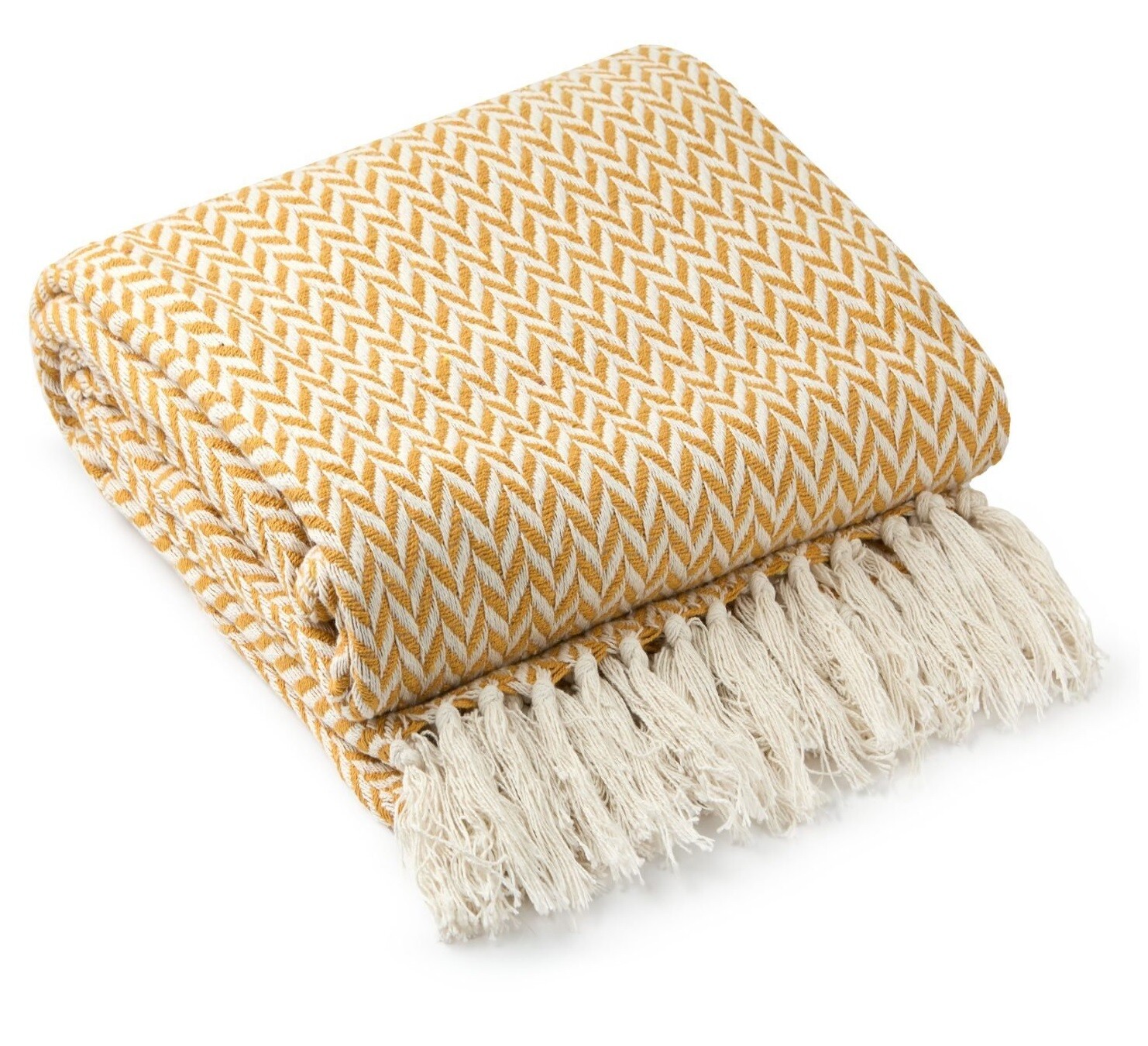 100% Cotton Herringbone Throw Ochre Yellow Fringe Tassel Sofa Bed Chair Blanket