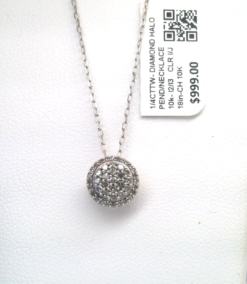 $1000- Certified Natural Diamond HALO PENDANT NECKLACE 10k WHITE Gold SOLID! 18' - Image 3 of 4