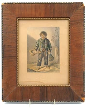 Antique Art Etching Print On Paper of a Peasant Beggar Boy W/ Wooden Frame