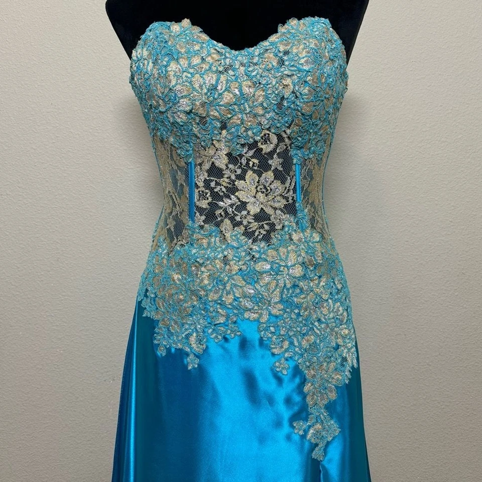 Jovani Vestido Mujer 2 Sin Tirantes Transparente Encaje y Satén Hasta el Suelo Baile de graduación Vestido Azul Foto 3 de 4