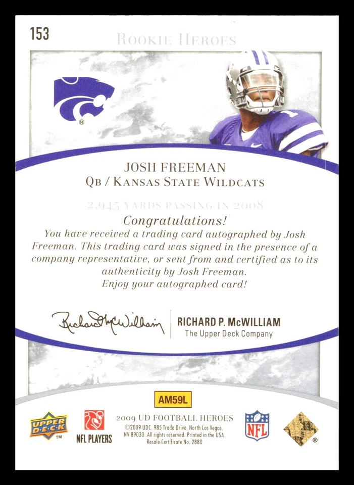 2009 Upper Deck Football Heroes Blue /99 Josh Freeman #153 Rookie RC Auto KSU - Image 2 of 2