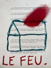 ORIGINAL NAIVE DRAWING OF A HOUSE ON FIRE