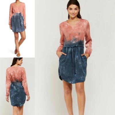 VELVET HEART Shirt Dress M 100% Tencel Mauve Blue Boho Dip Dye Belt Pockets $98