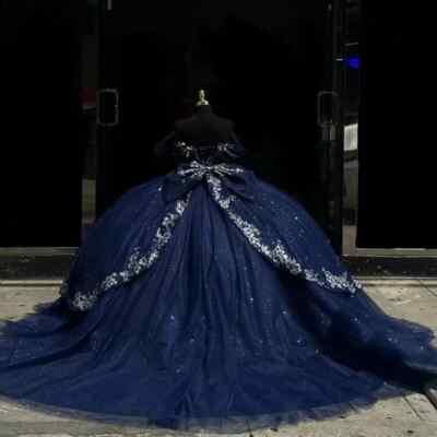 Navy Blue Quinceanera Dresses Glittering Beaded Bow Prom Ball Gowns Sweet 15 16 | eBay Navy Blue Quinceanera Dresses Glittering Beaded Bow Prom Ball Gowns Sweet 15 16 | eBay