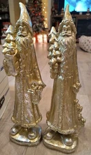 2 Metallic Gold Resin Santa Claus St Nicholas Figure W/Tree & Presents 15”x4”x4”