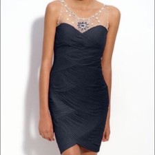 ADRIANNA PAPELL NEW Navy Beaded Illusion Neckline Cocktail Dress 4 $198