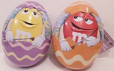 M&M'S 2 M&M Orange & Purple EGG Shaped Tins empty 2013 collectors binB