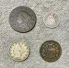 Old U.S. coins lot of 4 from 1800'S, 1819 Large cent- Seated liberty 90% Silver+