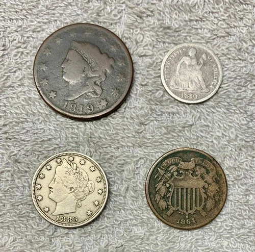 Old U.S. coins lot of 4 from 1800'S, 1819 Large cent- Seated liberty 90% Silver+