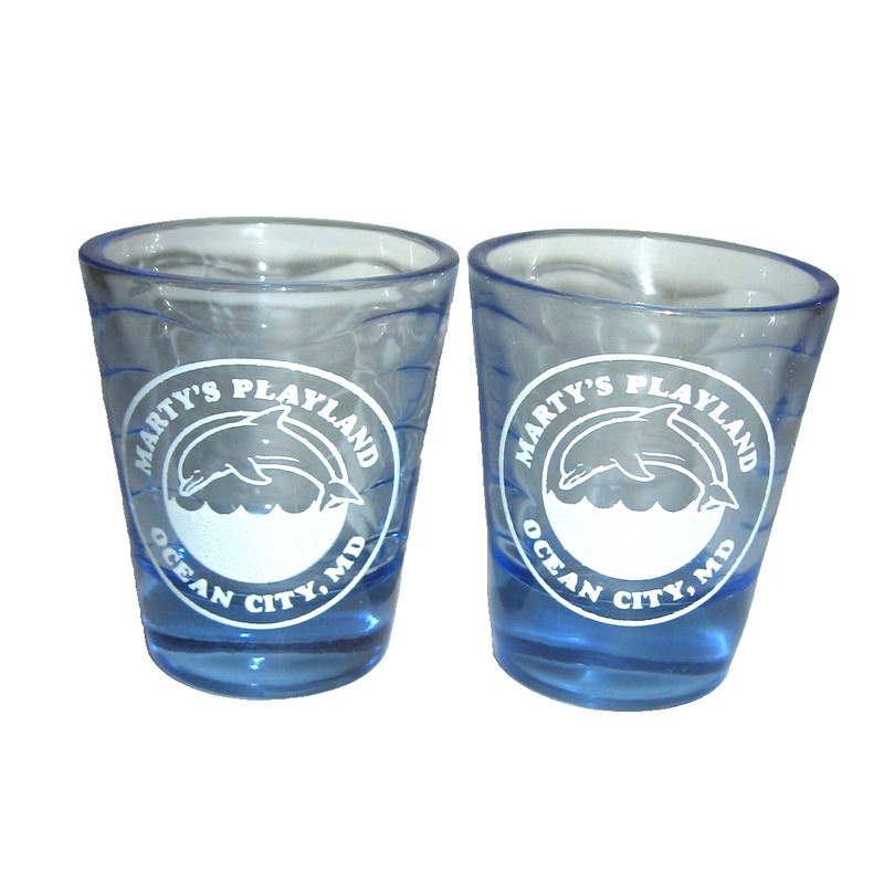 2 Martys Playland Souvenir Shot Glasses Ocean City Maryland Leaping Dolphin Blue