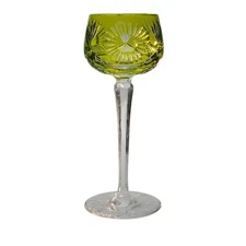 Bohemian Lime Green Cut to Clear Hock Wine Glass Fans and Floral 8.25”