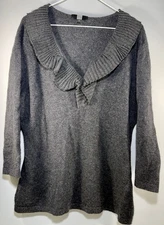 Saks Fifth Avenue Women’s XXL Cashmere Wool Blend Gray Ruffled V-Neck Sweater