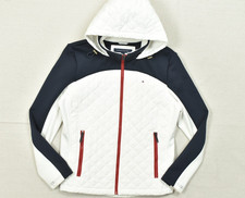 Tommy Hilfiger Women's Large Hooded Quilted Full Zip Jacket White Navy Blue Red