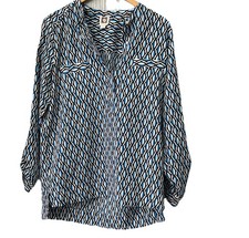Anne Klein Geometric V-Neck Long Sleeve Blouse Blue Black White M