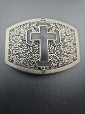 Vintage Chrome Silver Toned Belt Buckle Black Cross