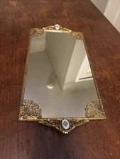 Vintage Mirrored Vanity Tray Cameo Handle Hollywood Regency Filigree Corners