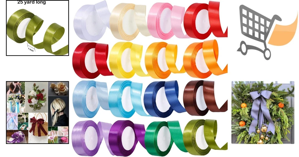 400 Yards Satin Ribbon Bulk 16 Colors 1 Inch Wide Gift Wrap Decor Craft - Image 2 of 4