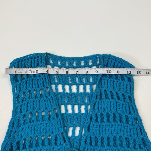 Vintage 90s Hand Crochet Hippy Boho Retro 70s Tie Front Fringe Long Vest, Sz.S - Picture 5 of 7