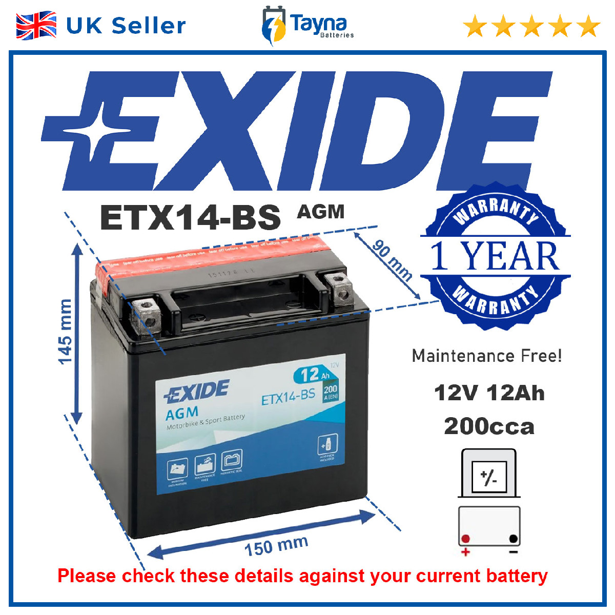 AGM Motorbike Battery for Aprilia Falco Shiver Tuono ETV 1000 750 Replaces YTX14