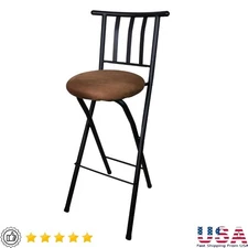 Metal Folding Stool W/ Slat Back Microfiber Seat Kitchen Bar Chair Indoor Use