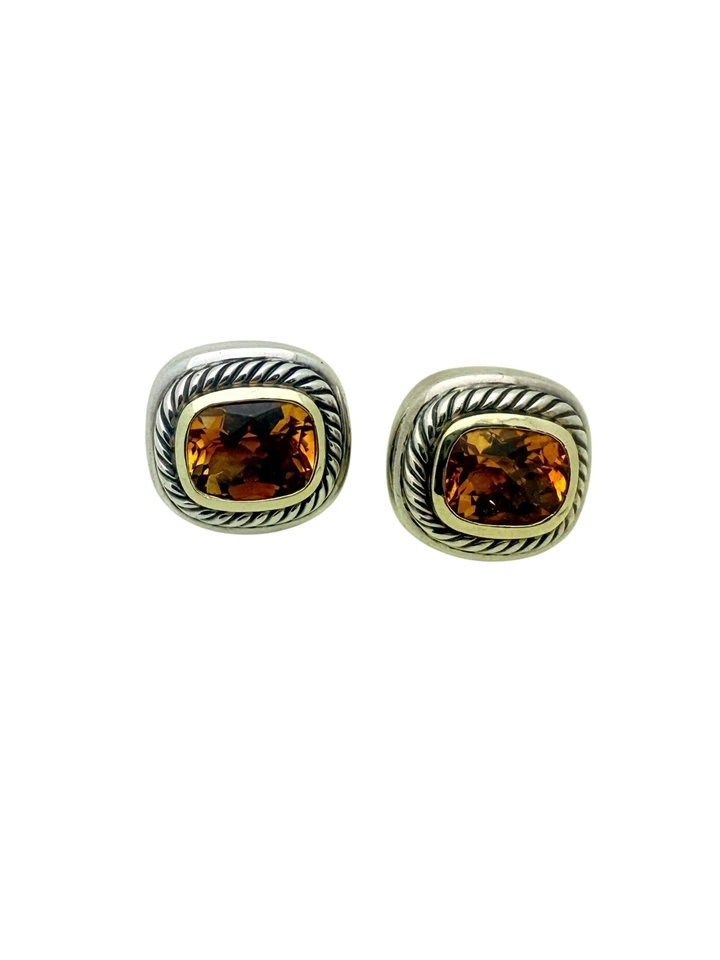David Yurman Sterling Silver & 14k Gold Citrine Cushion Cable Clip On Earrings - Image 2 of 4
