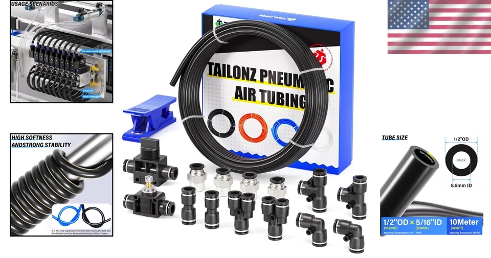 High-Flexibility Black PU Air Tubing Kit - 10 Meter, 145 PSI for Robust Systems - Image 2 of 4