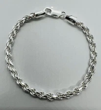 925 Sterling Silver Solid Men's Rope Link Chain Bracelet Size 5 To 9 Inch
