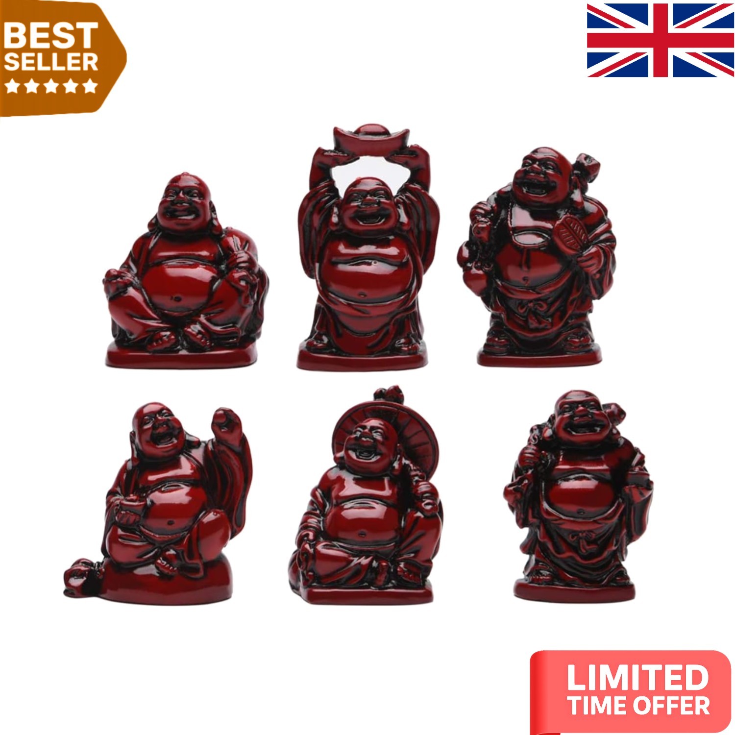 Feng Shui Red Resin Laughing Buddha Figurines - 6 Piece Set for Positive Energy