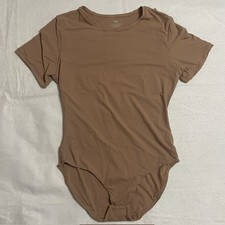 Eshef Womens RIb Knit Short Sleeve Bodysuit Brown Size M
