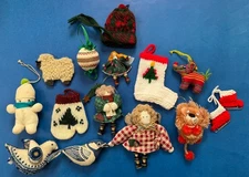 Lot 14 Handmade Folk Art Christmas Ornaments & Pin ~ Smocked ~ Knit ~ Crochet