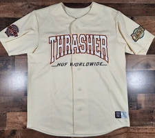 HUF x Thrasher Center Field Baseball Jersey Mens Medium Beige Sewn Patches