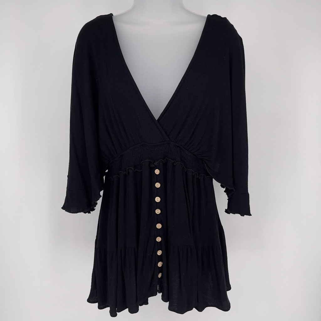 Mameluco Negro Mable Manga Campana Imitación Botón Frontal Boho Chic Estilo Festival Talla L