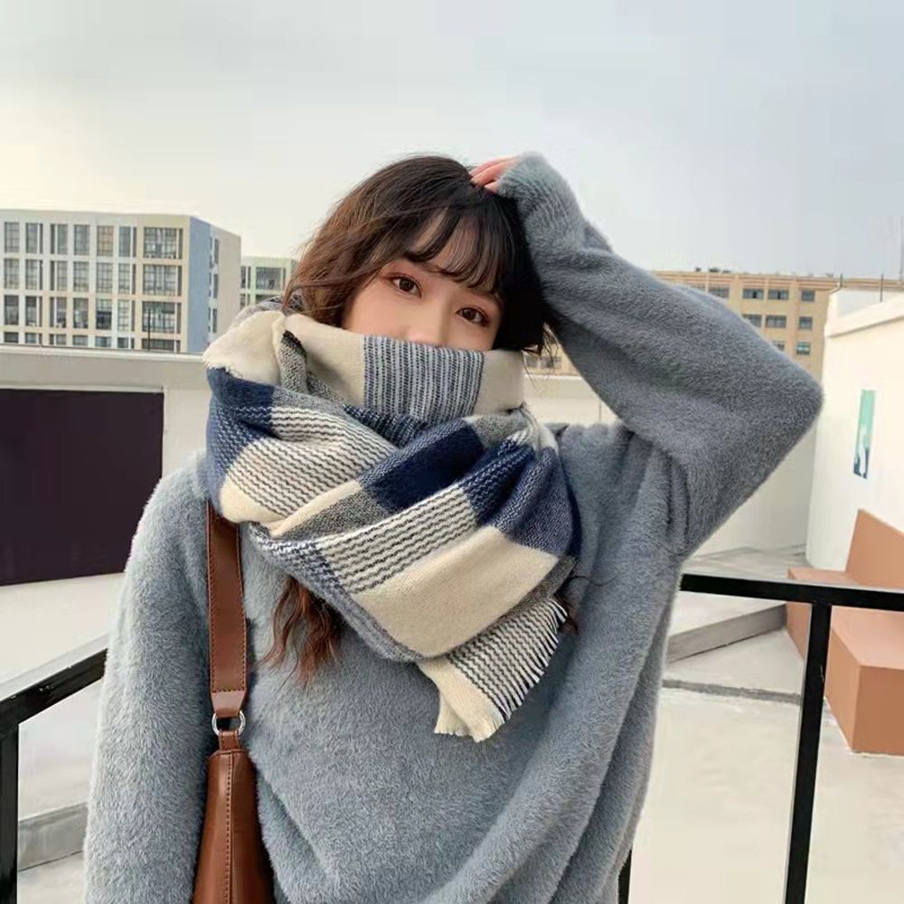 For Girls Stripe Grid Wraps Korean Long Shawls Checked Women Winter