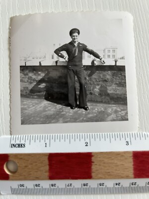 Vtg Photo 1940s WWII Black and White Handsome Sailor 3.5 x 3.5 Uniform 1A91