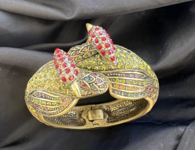 Heidi Daus Bracelet Peacocks birds of Paradise Hinged Cuff, Swarovski Crystals,