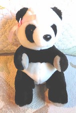 Dakin Panda Bear Black White  Gray w Pink Satin Ribbon Bow Toy 1987 12" EUC
