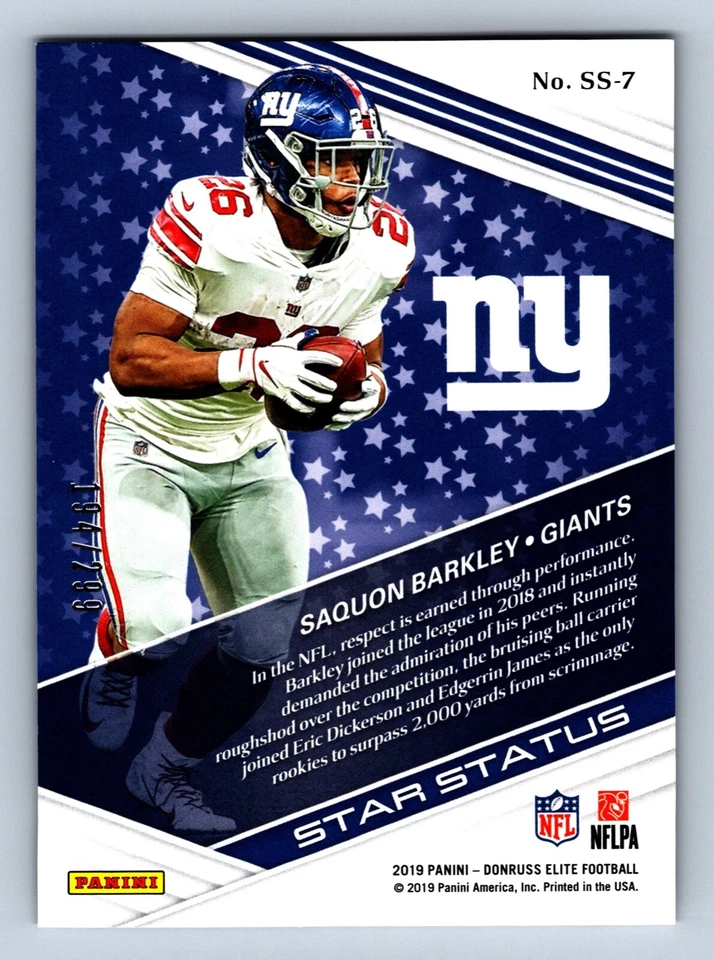 Saquon Barkley NY Giants 2019 Donruss Elite Star Status d/299 Football Card SS-7 - Image 2 of 2