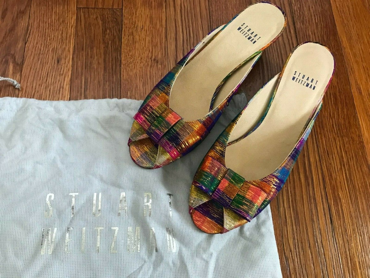 New Stuart Weitzman Size 7M Multicolor Candy Plaid Silk Bow