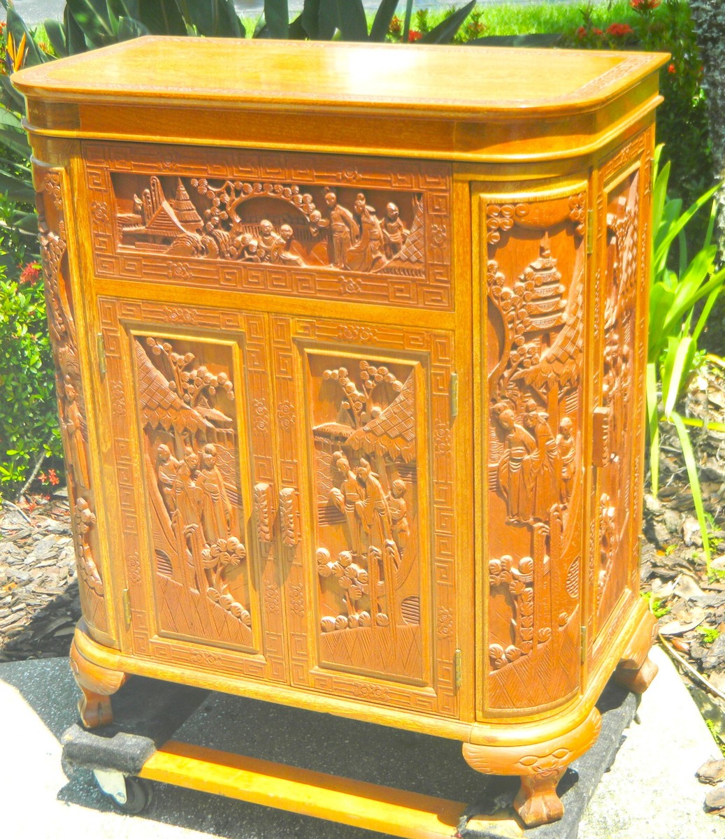 Mid Century Modern Heavily Hand Carved Wood Cocktail Bar Cabinet