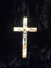 religious item-Olive Wood Cross From Jerusalem - White Pearlized Front   4” Tall