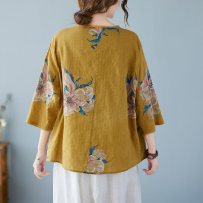 Women Shirt Blouse Top V-neck Ethnic Floral Casual Loose Asymmetric Retro