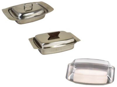 Butterdose Küche Frühstück Edelstahl/Kunststoff Tablett Halter Behälter Deckel
