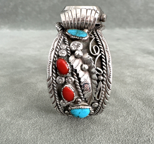 Vintage Cuff Watch Bracelet Turquoise Coral Hand Stamped Sterling Silver Navajo - Picture 7 of 14