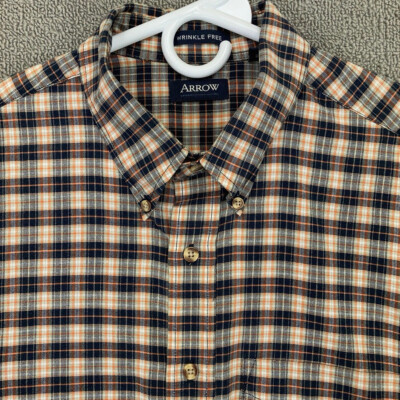 Arrow Shirt Mens Large Black Orange White Plaid Button Up Long Sleeve Casual