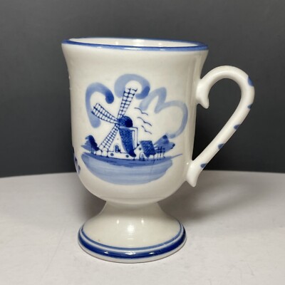 Delfts Blue Vero Footed Mug Hand Painted Cup Windmill Floral Cobalt on White