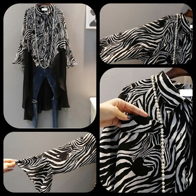 Chic Blk WHT Button Down Ruffle Cuff Patchwork Long Chiffon Loose Blouse OSFM 