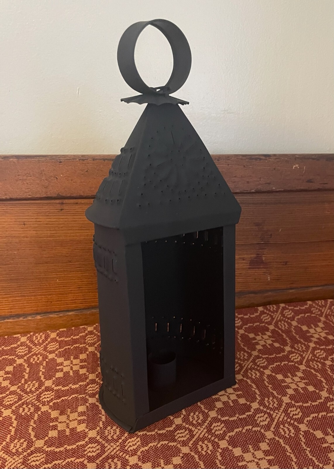 New Primitive Punched Tin BLACK REVERE LANTERN Taper Candle Holder Lamp