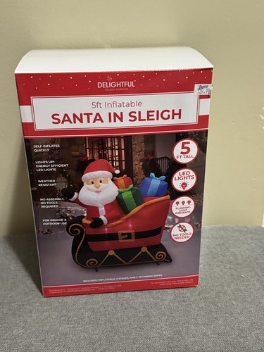 5 FT Christmas Inflatable Santa with Build-in LEDs, Blow Up on Fancy Sleigh Cute - 第 1/4 張圖片